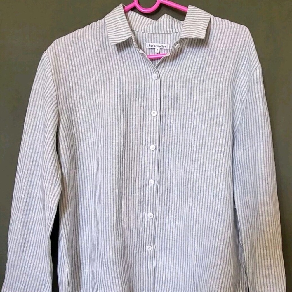 Unworn Reformation Women's Preston Linen Shirt in Blue & White Stripe